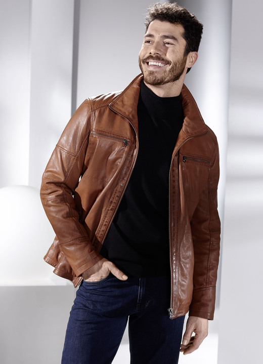 Lederjacken - Lederkurzjacke mit Stehumlegekragen, in Größe 048 bis 062, in Farbe ANTIKCOGNAC Ansicht 4