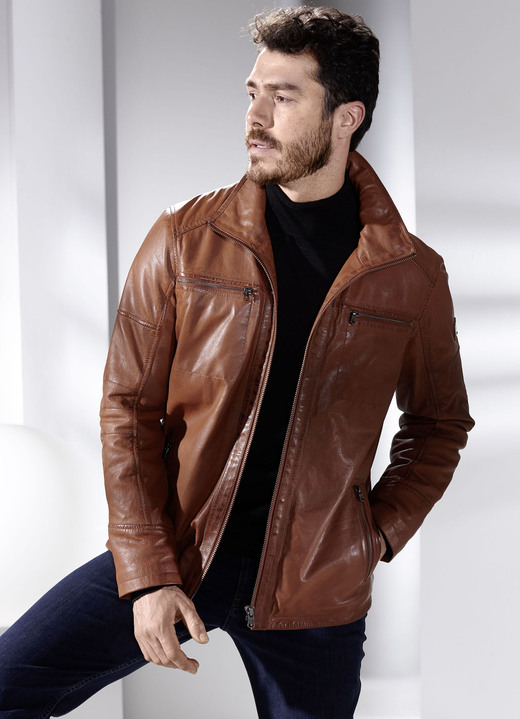 Lederjacken - Lederkurzjacke mit Stehumlegekragen, in Größe 048 bis 062, in Farbe ANTIKCOGNAC Ansicht 2