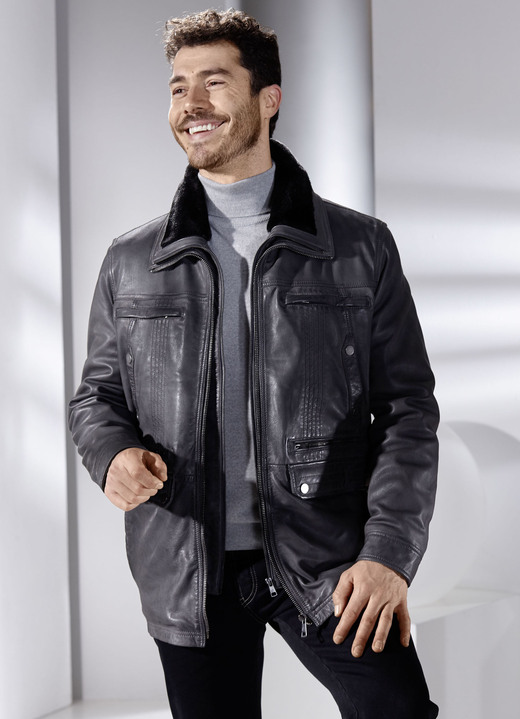 Lederjacken - Lederjacke mit abtrennbarem Webpelzkragen, in Größe 048 bis 064, in Farbe ANTHRAZIT ANTIK Ansicht 4