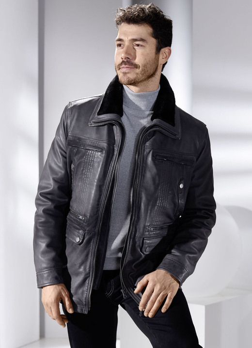 Lederjacken - Lederjacke mit abtrennbarem Webpelzkragen, in Größe 048 bis 064, in Farbe ANTHRAZIT ANTIK Ansicht 3