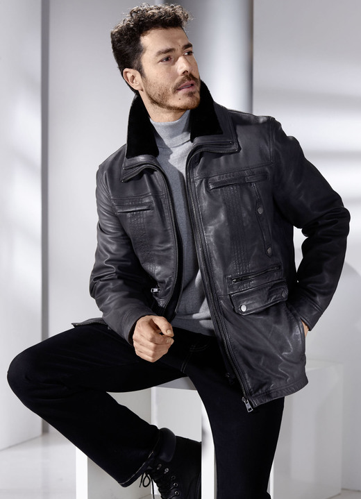 Lederjacken - Lederjacke mit abtrennbarem Webpelzkragen, in Größe 048 bis 064, in Farbe ANTHRAZIT ANTIK Ansicht 6