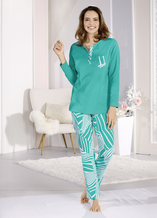 Schlafanzüge & Shortys - Zweierpack Schlafanzüge von Laurina mit Knopfleiste , in Größe 036 bis 058, in Farbe 1X AUBERGINE-WEISS, 1X LAGUNE-WEISS Ansicht 2