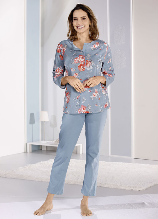 Schlafanzüge & Shortys - Zweierpack Schlafanzüge mit langen Ärmeln und langer Hose , in Größe 036 bis 060, in Farbe 1X TAUBENBLAU-BUNT, 1X BUNT-TAUBENBLAU Ansicht 2