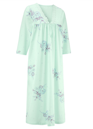 Nachthemden Langarm - Nachthemd, 3/4-lange Ärmel und V-Ausschnitt, in Größe 038 bis 060, in Farbe HELLBLAU-BUNT – Farbe MINT-BUNT – Ansicht 