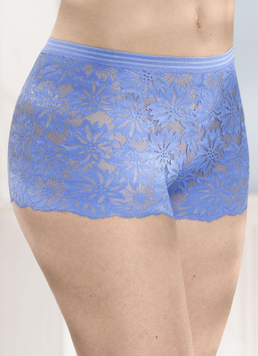 Dessous - Dreierpack Pants aus elastischer Spitze, in Größe 036 bis 050, in Farbe 1X AZURBLAU, 1X WEISS, 1X SCHWARZ Ansicht 2