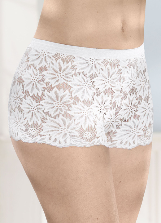 Dessous - Dreierpack Pants aus elastischer Spitze, in Größe 036 bis 050, in Farbe 1X AZURBLAU, 1X WEISS, 1X SCHWARZ Ansicht 4