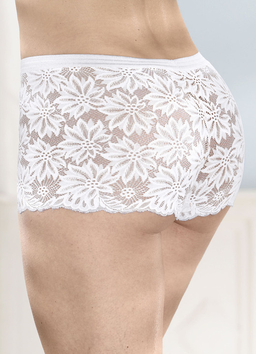 Dessous - Dreierpack Pants aus elastischer Spitze, in Größe 036 bis 050, in Farbe 1X AZURBLAU, 1X WEISS, 1X SCHWARZ Ansicht 3