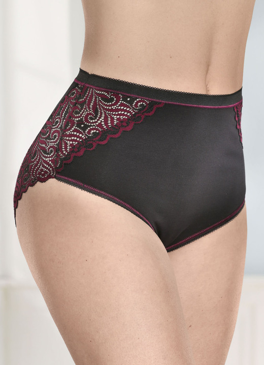 Slips - Laurina Dreierpack Slips mit Elastikspitze Ansicht 2 Slips - Laurina Dreierpack Slips mit Elastikspitze, in Größe 038 bis 050, in Farbe SCHWARZ-BORDEAUX Ansicht 2