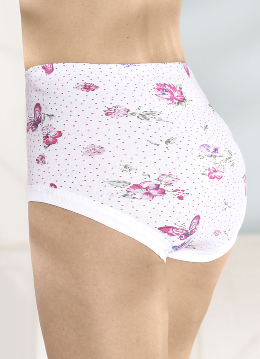 Slips - Fünferpack Slips mit auswechselbarem Gummizug im Bund, in Größe 040 bis 060, in Farbe 3X WEISS-PINK-BUNT BEDRUCKT, 2X WEISS Ansicht 2