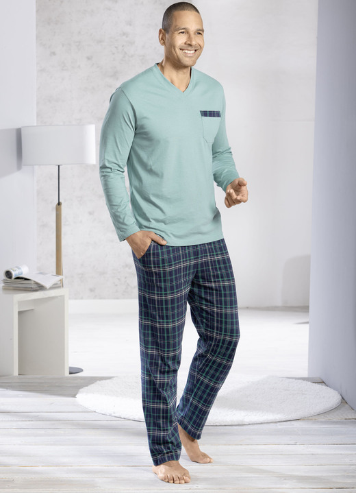 Schlafanzüge - Comte-Schlafanzug mit V-Ausschnitt und offenen Abschlüssen, in Größe 046 bis 062, in Farbe MINT-MARINE-BUNT Ansicht 1