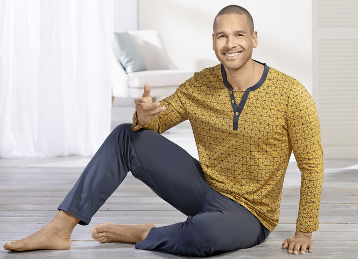 Schlafanzüge - Schlafanzug mit Knopfleiste und offenen Abschlüssen, in Größe 046 bis 062, in Farbe HONIG-ANTHRAZIT Ansicht 2