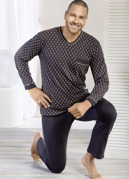 Schlafanzüge - Schlafanzug mit V-Ausschnitt und offenen Abschlüssen, in Größe 046 bis 064, in Farbe ANTHRAZIT-ECRU Ansicht 3