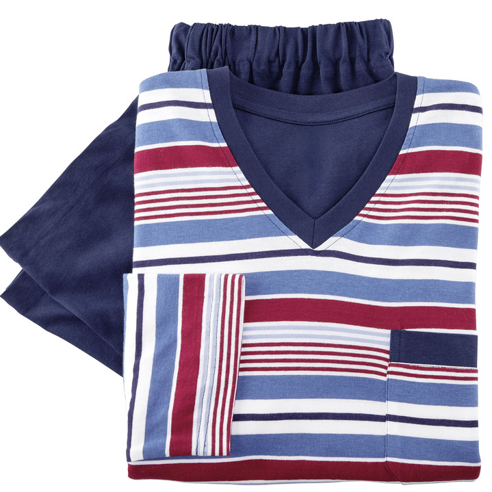 Schlafanzüge - Zweierpack Schlafanzüge mit V-Ausschnitt und offenen Abschlüssen, in Größe 046 bis 062, in Farbe 1X BLAU-BORDEAUX-MARINE, 1X RAUCHBLAU-TÜRKIS-NAVY Ansicht 3