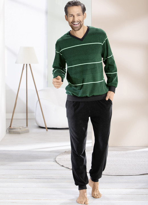 Schlafanzüge - Frottier-Schlafanzug mit V-Ausschnitt und Bündchenabschlüssen, in Größe 046 bis 062, in Farbe TANNENGRÜN-MINT-SCHWARZ Ansicht 2