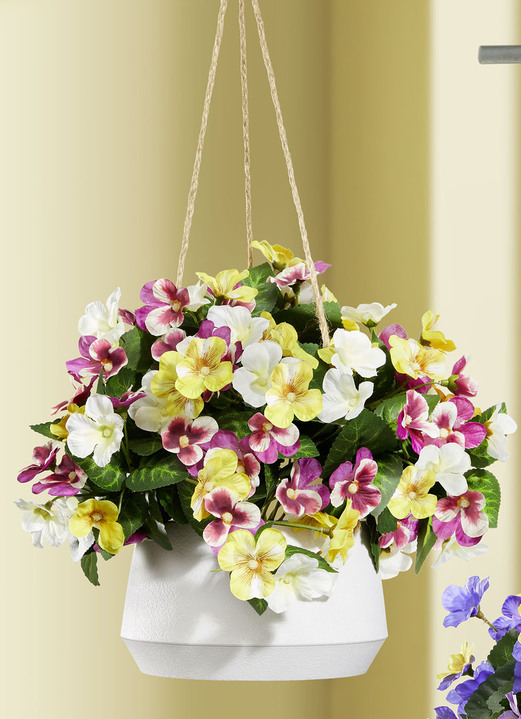 Kunst- & Textilpflanzen - Stiefmütterchen in Hängeampel, in Farbe GELB-VIOLETT Ansicht 3