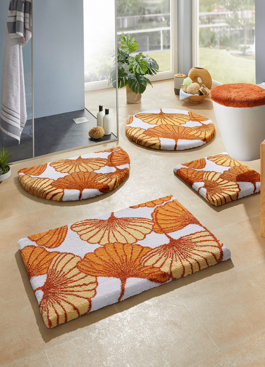 Badgarnituren - Badgarnitur mit Ginkgoblätter-Motiv, in Größe 100 (Vorleger halbrund, 50/ 80 cm) bis 112 (WC-Deckelbezug, 47/ 50 cm), in Farbe BLAU Ansicht 18