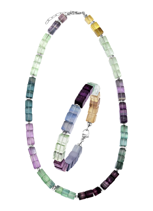Halsketten - Wunderschöne Garnitur mit Hämatit, beh. und Fluorit in Multicolor Ansicht 4 Halsketten - Wunderschöne Garnitur mit Hämatit, beh. und Fluorit in Multicolor, in Farbe , in Ausführung Armband, 19,5 cm lang Ansicht 4
