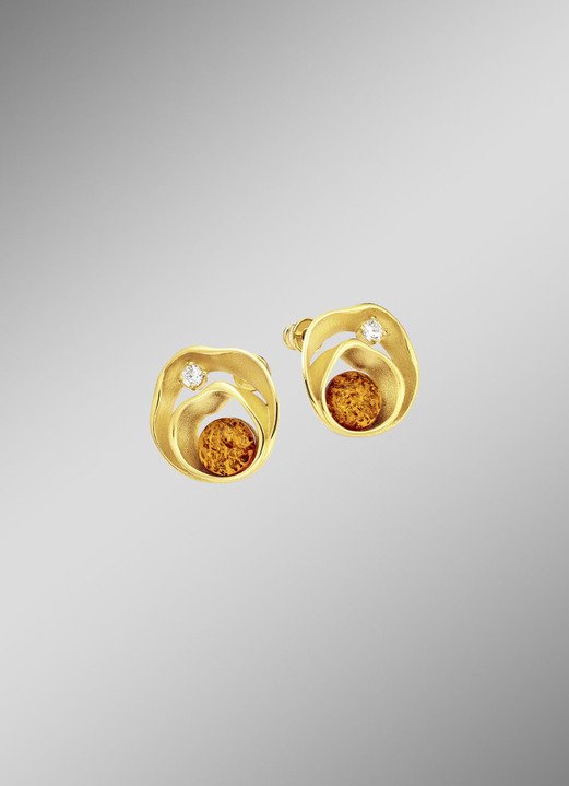 Ohrschmuck - Strahlende Ohrstecker mit echt Bernstein und synth. Zirkonia, in Farbe  Ansicht 2