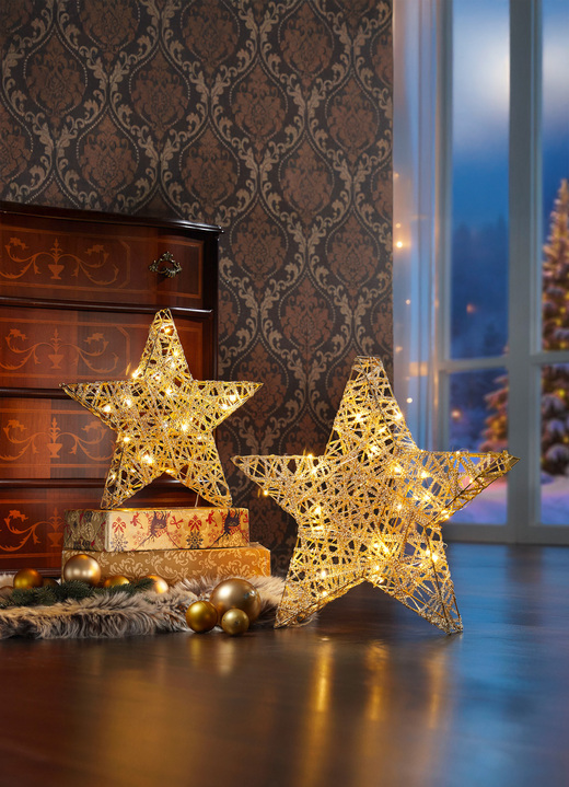 Weihnachtliche Dekorationen - Stern mit Lichterketten-Geflecht, in Farbe GOLD, in Ausführung LED-Stern, klein