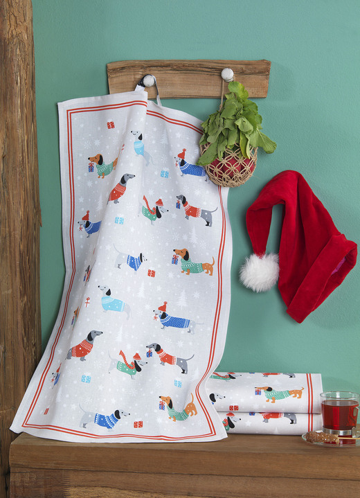 Geschirrtücher - Geschirrtücher mit Weihnachtsdackel-Motiv, 3er-Set, in Farbe BUNT
