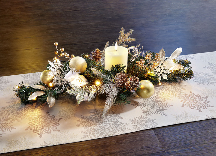 Gestecke & Kränze - Beleuchteter Tischaufleger mit Timerfunktion, in Farbe WEISS-GOLD-GRÜN Ansicht 2