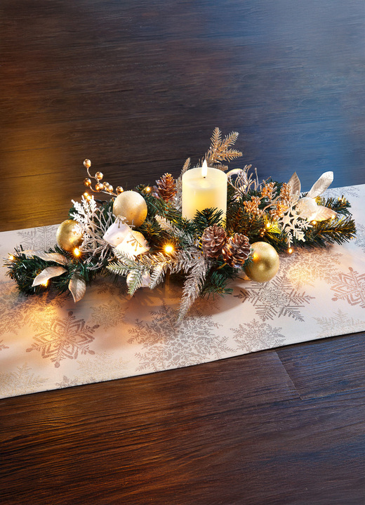 Gestecke & Kränze - Beleuchteter Tischaufleger mit Timerfunktion, in Farbe WEISS-GOLD-GRÜN Ansicht 1