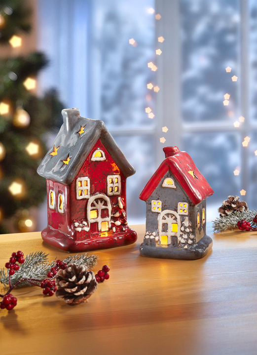 Weihnachten - Beleuchtete Häuschen im 2er-Set, in Farbe GRAU-ROT