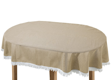 Gartentischdecken - Wind- und wetterfeste Gartentischdecke mit Fransenabschluss, in Größe 110 (Tischdecke, 110x140 cm) bis 190 (Tischdecke oval, 140x190 cm), in Farbe TANNE – Farbe SAND – Ansicht 