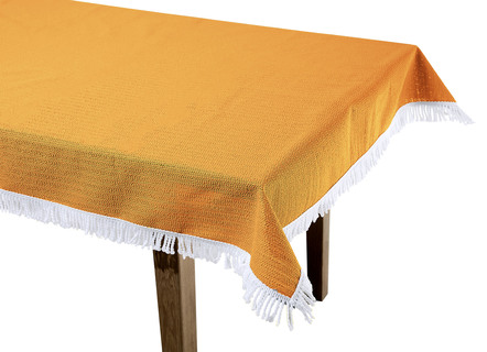 Gartentischdecken - Wind- und wetterfeste Gartentischdecke mit Fransenabschluss, in Größe 110 (Tischdecke, 110x140 cm) bis 190 (Tischdecke oval, 140x190 cm), in Farbe TANNE – Farbe MANDARINE – Ansicht 