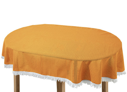 Gartentischdecken - Wind- und wetterfeste Gartentischdecke mit Fransenabschluss, in Größe 110 (Tischdecke, 110x140 cm) bis 190 (Tischdecke oval, 140x190 cm), in Farbe TANNE – Farbe MANDARINE – Ansicht 