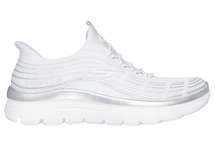 Slipper & Schnürschuhe - SKECHERS, stylische Damen-Sneaker, mit geformter Slip-Ins Fersenplatte, in Größe 036 bis 042, in Farbe WEISS-SILBER Ansicht 4