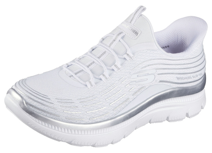 Slipper & Schnürschuhe - SKECHERS, stylische Damen-Sneaker, mit geformter Slip-Ins Fersenplatte, in Größe 036 bis 042, in Farbe DUNKELBLAU-SILBER Ansicht 6