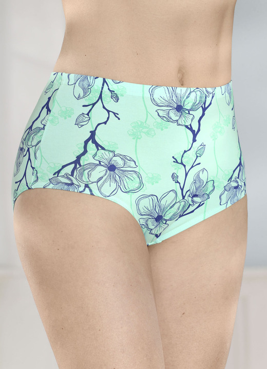 Damen - brio lingerie Viererpack Slips mit hübschem Floraldessin, in Größe 038 bis 054, in Farbe MINT-NAVY-TÜRKISGRÜN Ansicht 1