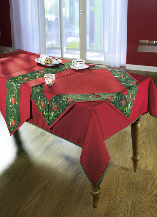 Heimtextilien - Traditionelle Tisch- und Raumdekoration mit Ilexzweig-Motiven, in Größe 100 (Platz-Set, 2-teilig, 35/50 cm) bis 404 (Kissenhülle, 40/40 cm), in Farbe ROT-GRÜN-GOLD Ansicht 2