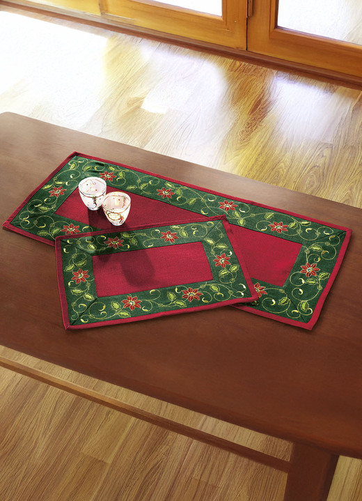 Heimtextilien - Traditionelle Tisch- und Raumdekoration mit Ilexzweig-Motiven, in Größe 100 (Platz-Set, 2-teilig, 35/50 cm) bis 404 (Kissenhülle, 40/40 cm), in Farbe ROT-GRÜN-GOLD Ansicht 3