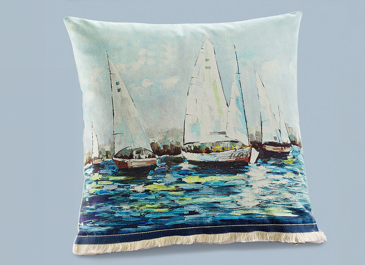 Dekokissen & Hüllen - Kissenhüllen mit den bildhübschen maritimen Dessins, in Farbe WEISS-BLAU, in Ausführung Segelboote