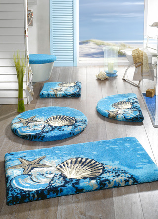 Badgarnituren - GRUND Badgarnitur mit rutschhemmender Latex-Rückseite, in Größe 100 (Vorleger halbrund, 50x 80 cm) bis 112 (Deckelbezug mit Kordel, 47x 50 cm), in Farbe BLAU