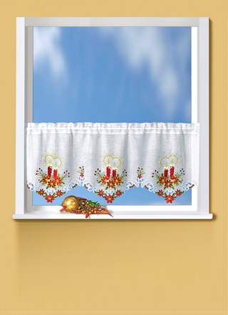 Kurzgardinen - Kurzstore mit Kerzen-Motiven – Farbe WEISS-ROT – Ansicht  Kurzgardinen - Kurzstore mit Kerzen-Motiven, in Größe 662 (H30xB120 cm) bis 827 (H50xB120 cm), in Farbe WEISS-ROT – Farbe WEISS-ROT – Ansicht