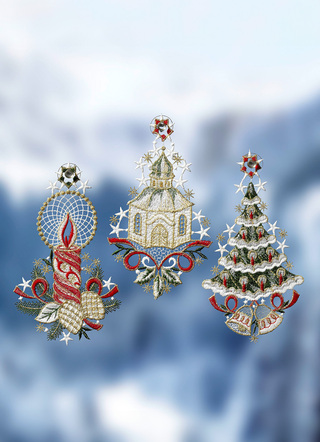 Fensterbilder - Fensterbilder, 3er-Set, aus echter Plauener Spitze, in Farbe ROT-GRÜN-BUNT