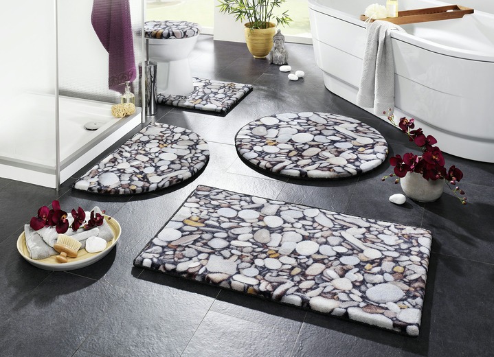 - Pflegeleichte und strapazierfähige Badgarnitur mit Kieselstein-Motiv, in Größe 100 (Vorleger halbrund, 50x 80 cm) bis 112 (Motiv-WC-Deckelbezug, 47x 50 cm), in Farbe NATUR Ansicht 2