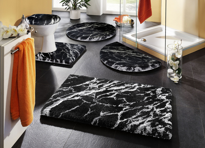 Badgarnituren - Badgarnitur von Grund mit Marmor-Dessin, in Größe 100 (Vorleger halbrund, 50x 80 cm) bis 112 (Motiv-WC-Deckelbezug, 47x 50 cm), in Farbe TÜRKIS Ansicht 5