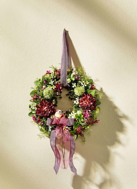 Kunst- & Textilpflanzen - Wandkranz mit Dahlien, Allium und kleinen Blüten, in Farbe GRÜN-ROSA