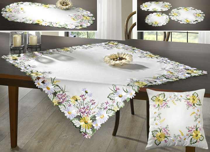 Heimtextilien - Tisch- und Raumdekoration mit zauberhaften Blumenranken, in Größe 100 (Deckchen, 30x 45 cm) bis 404 (Kissenbezug, 40x 40 cm), in Farbe BUNT