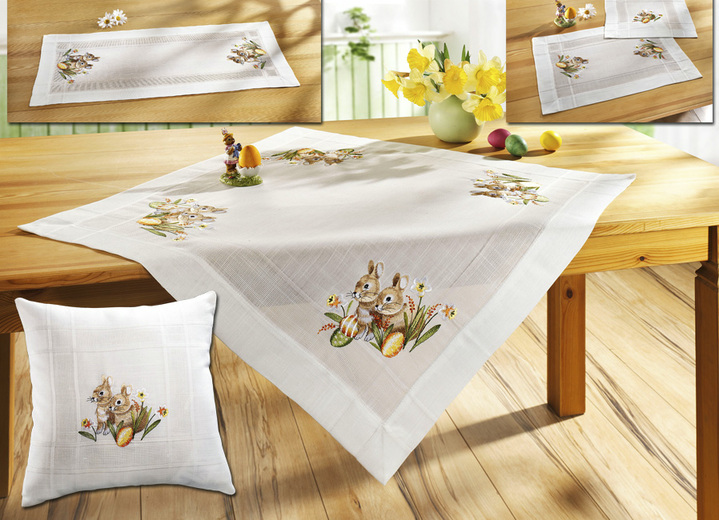 - Tisch- und Raumdekoration mit Häschen-Motiv, in Größe 102 (Läufer, 40x 85 cm) bis 404 (Kissenbezug, 40x 40 cm), in Farbe SEKT-BUNT