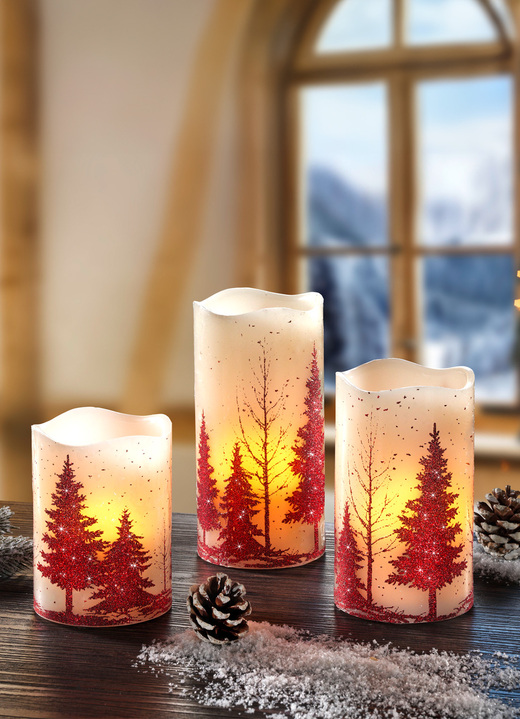 Weihnachtliche Dekorationen - Batteriebetriebene LED-Kerzen, 3er-Set, in Farbe CREME-ROT