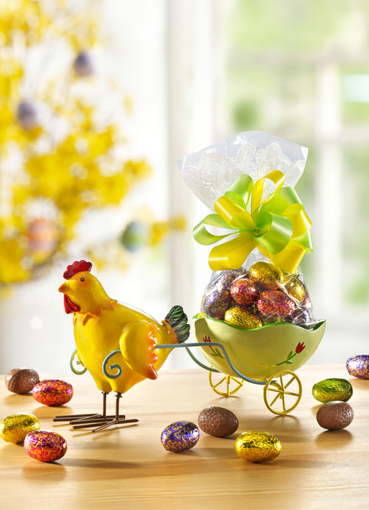 Ostern - Nostalgie-Henne mit Wagen aus Metall, in Farbe BUNT