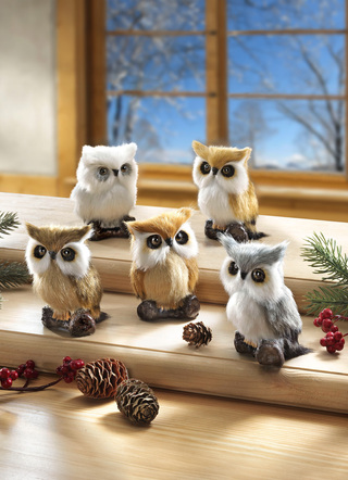 Wohnen - Eulen mit Kunstfell, 5er-Set, in Farbe BRAUN