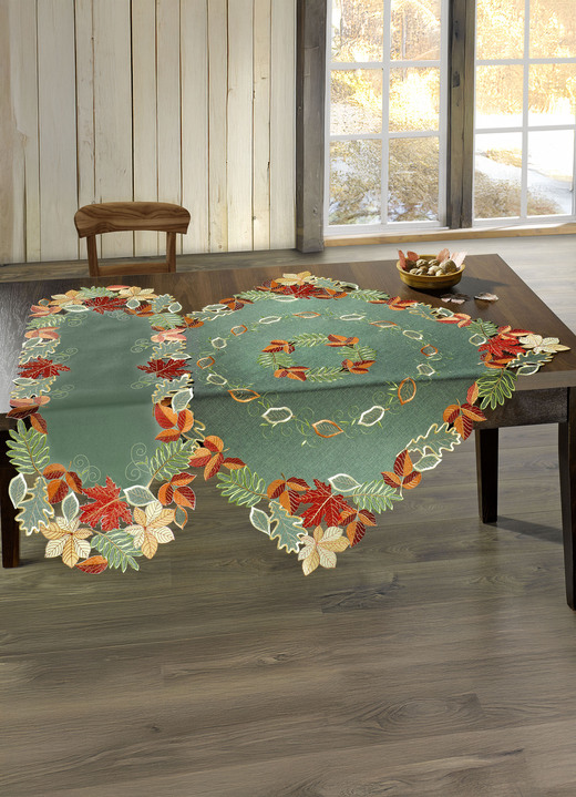 Heimtextilien - Herbstliche Tisch- und Raumdekoration mit Blattmotiven, in Größe 101 (Deckchen, 35x 50 cm) bis 404 (Kissenbezug, 40x 40 cm), in Farbe WEISS-BUNT Ansicht 2
