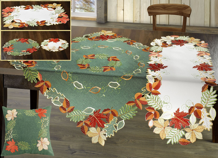Heimtextilien - Herbstliche Tisch- und Raumdekoration mit Blattmotiven, in Größe 101 (Deckchen, 35x 50 cm) bis 404 (Kissenbezug, 40x 40 cm), in Farbe WEISS-BUNT Ansicht 1