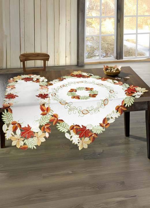Heimtextilien - Herbstliche Tisch- und Raumdekoration mit Blattmotiven, in Größe 101 (Deckchen, 35x 50 cm) bis 404 (Kissenbezug, 40x 40 cm), in Farbe WEISS-BUNT Ansicht 5